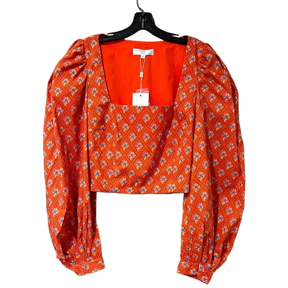 Caroline Constas Elliot Floral Balloon Sleeve Crop Top in Red Diamond Toile (M) - Picture 3 of 11